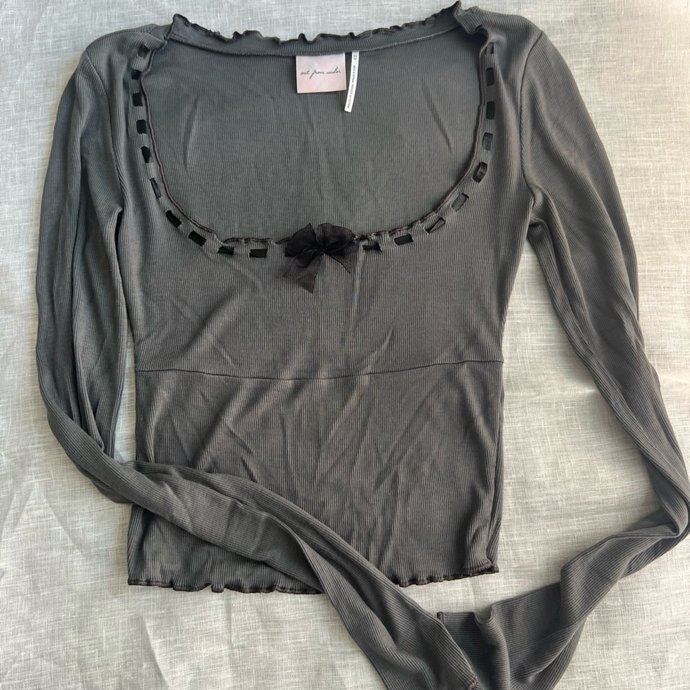Garage Charcoal Long Sleeve Top with Bow Detail